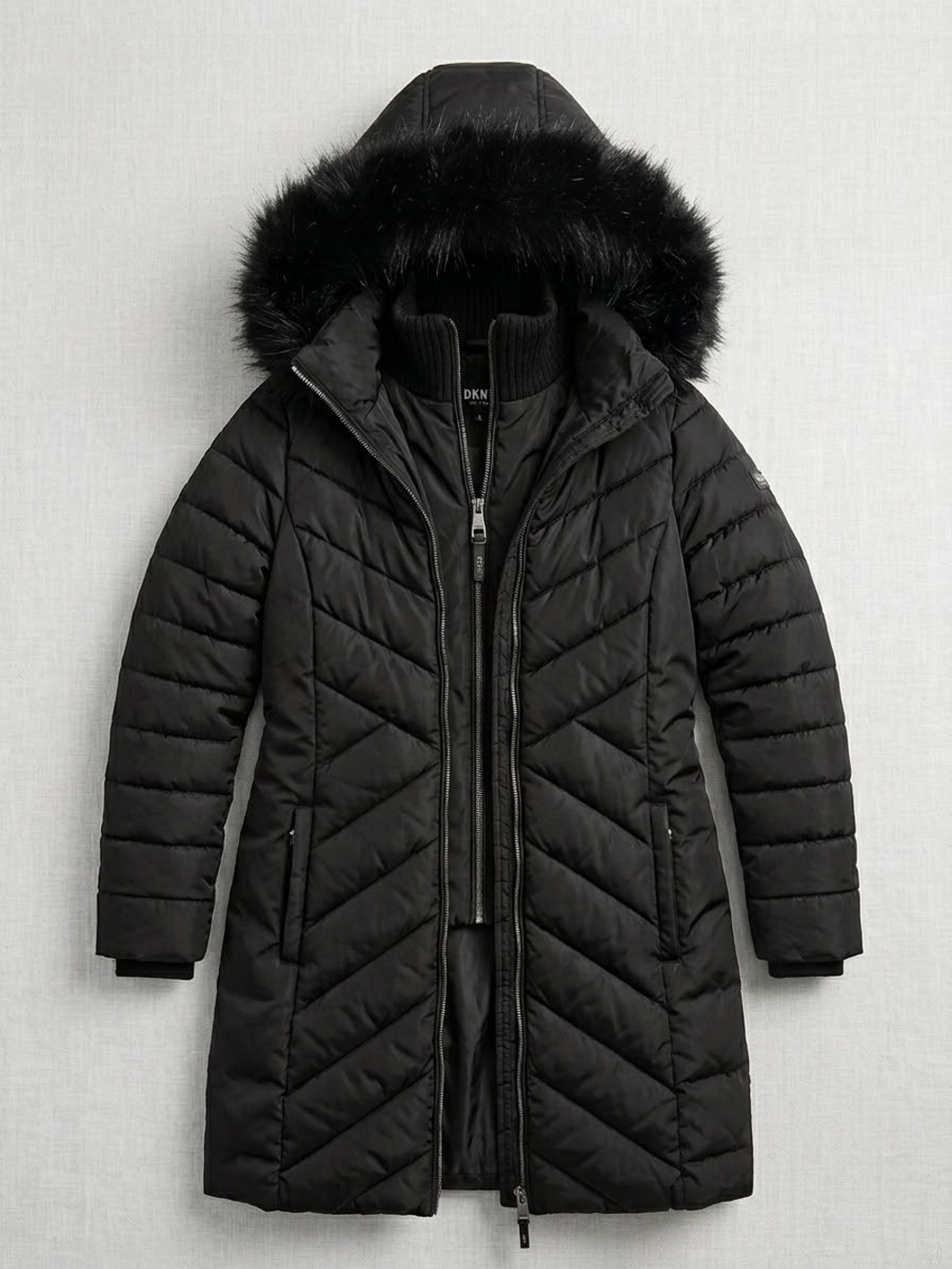 DKNY Double Zip Chevron Puffer Parka with Faux Fur Trim